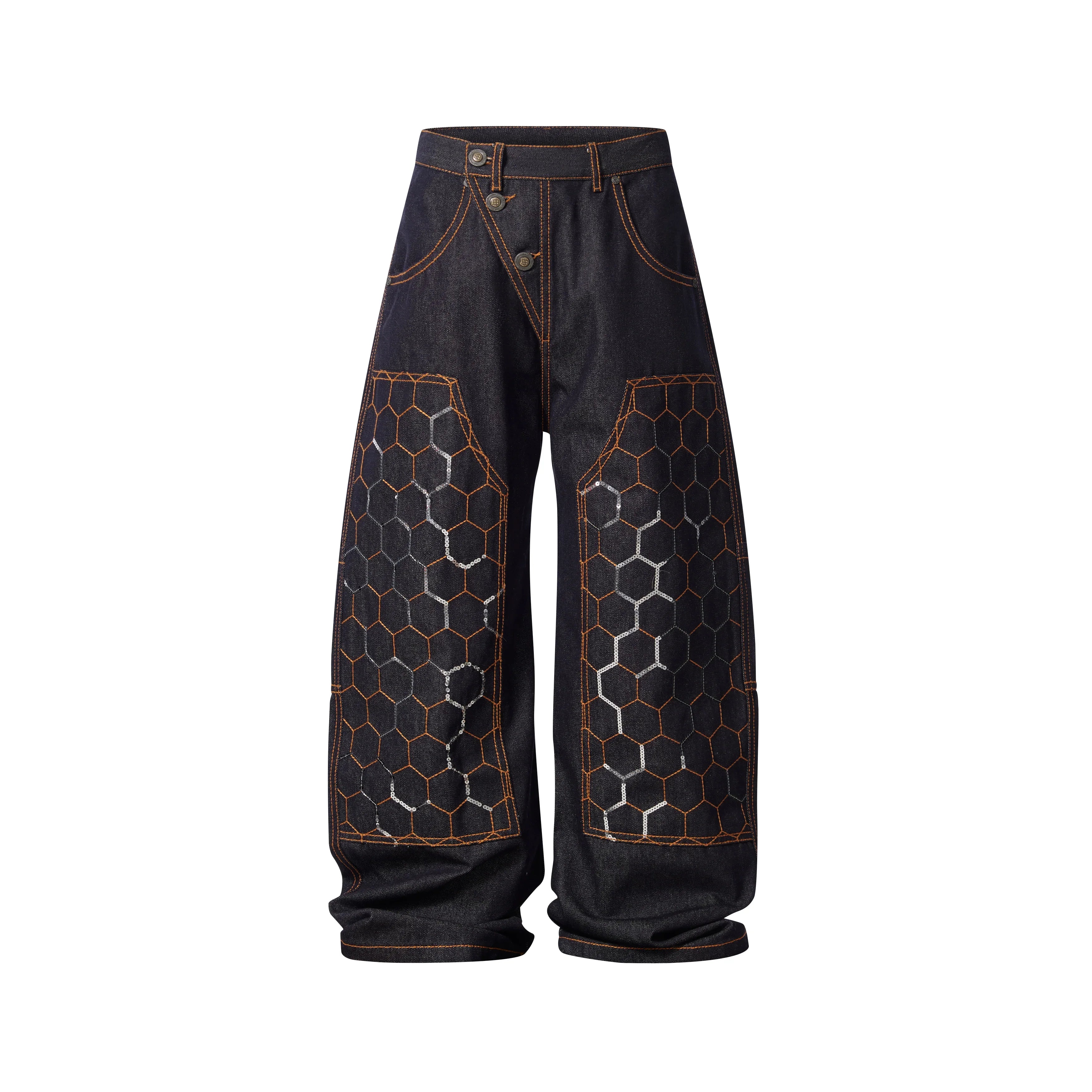 BBiMP Raw Denim Cargo Pants with Football Sequin Pattern - BBiMP
