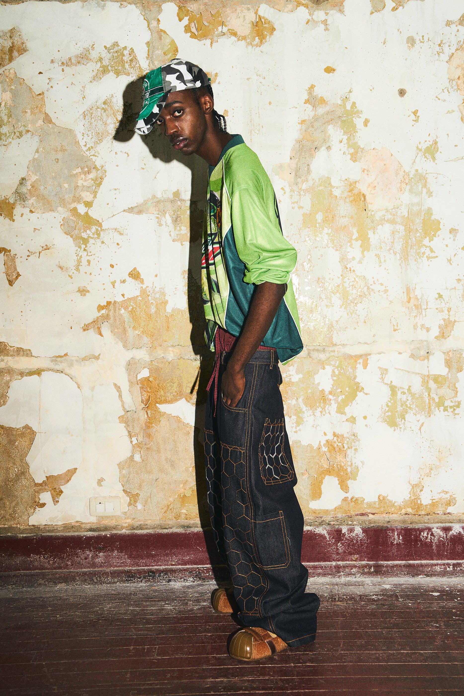 BBiMP Raw Denim Cargo Pants with Football Sequin Pattern