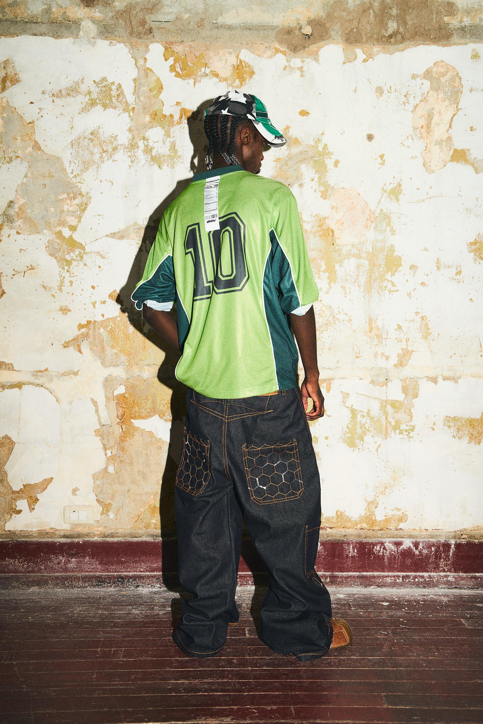BBiMP Raw Denim Cargo Pants with Football Sequin Pattern