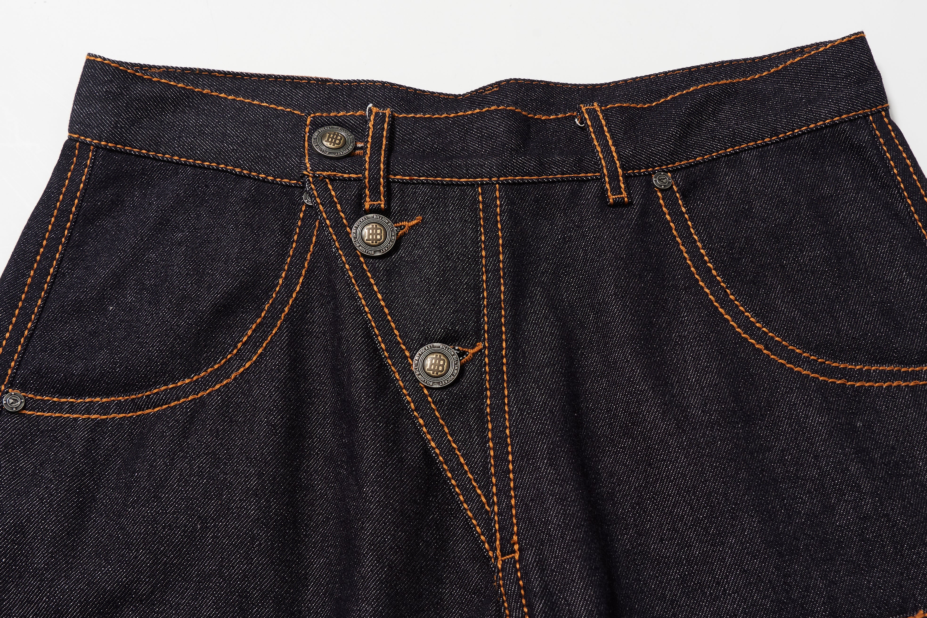 BBiMP Raw Denim Cargo Pants with Football Sequin Pattern