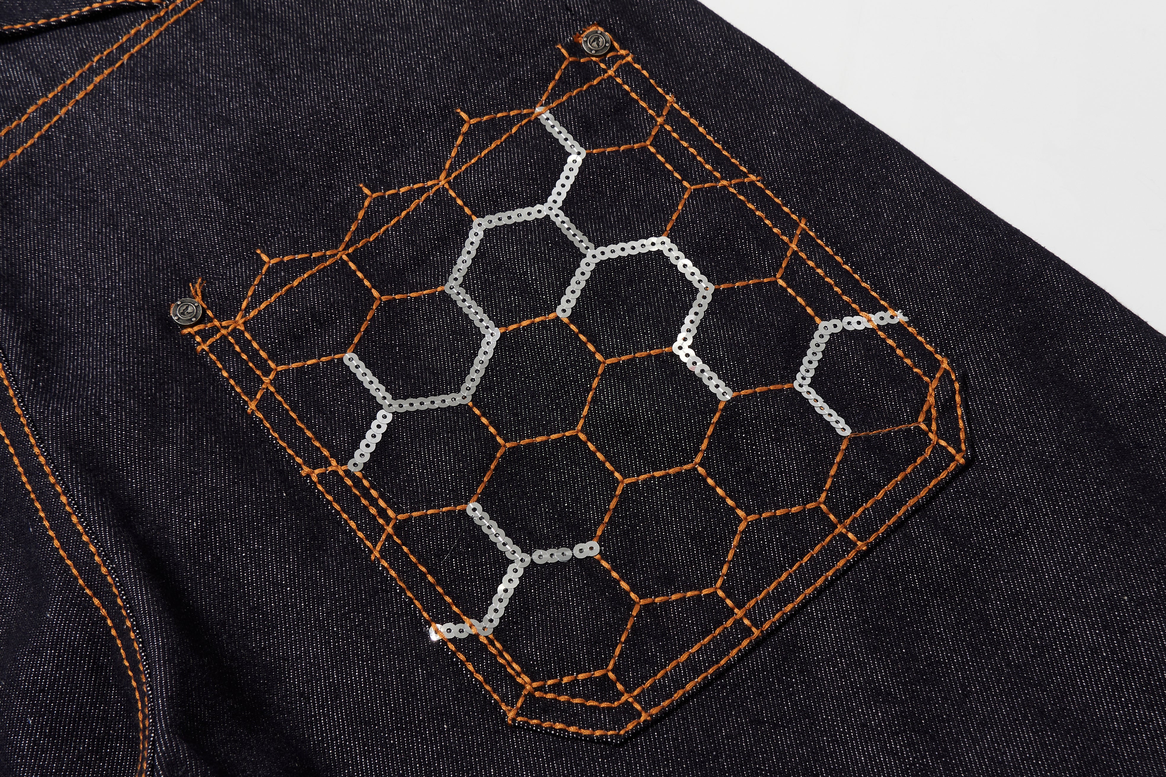 BBiMP Raw Denim Cargo Pants with Football Sequin Pattern