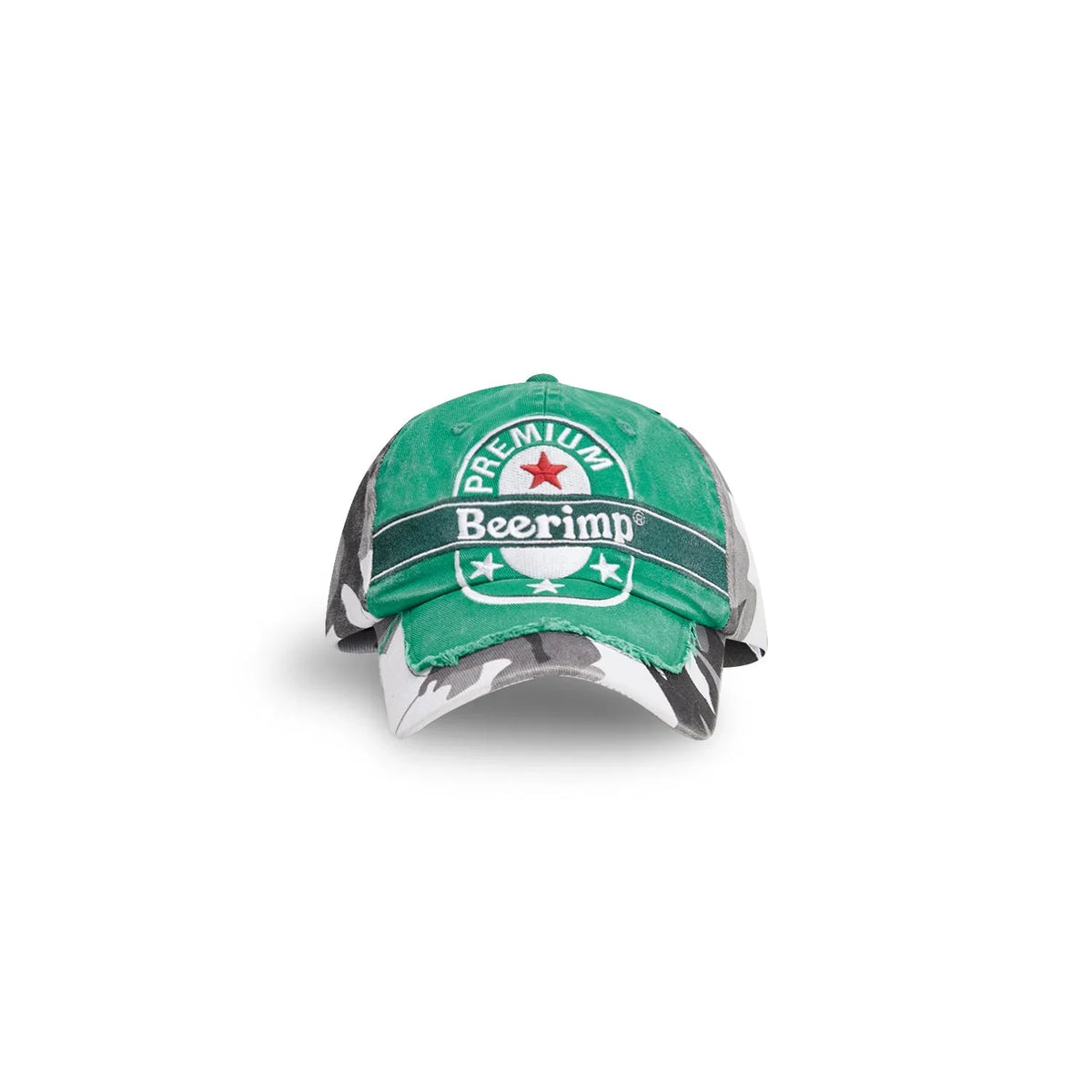 Front view of the BBIMP beer cap featuring a green vintage beer label graphic and heavily distressed brim.