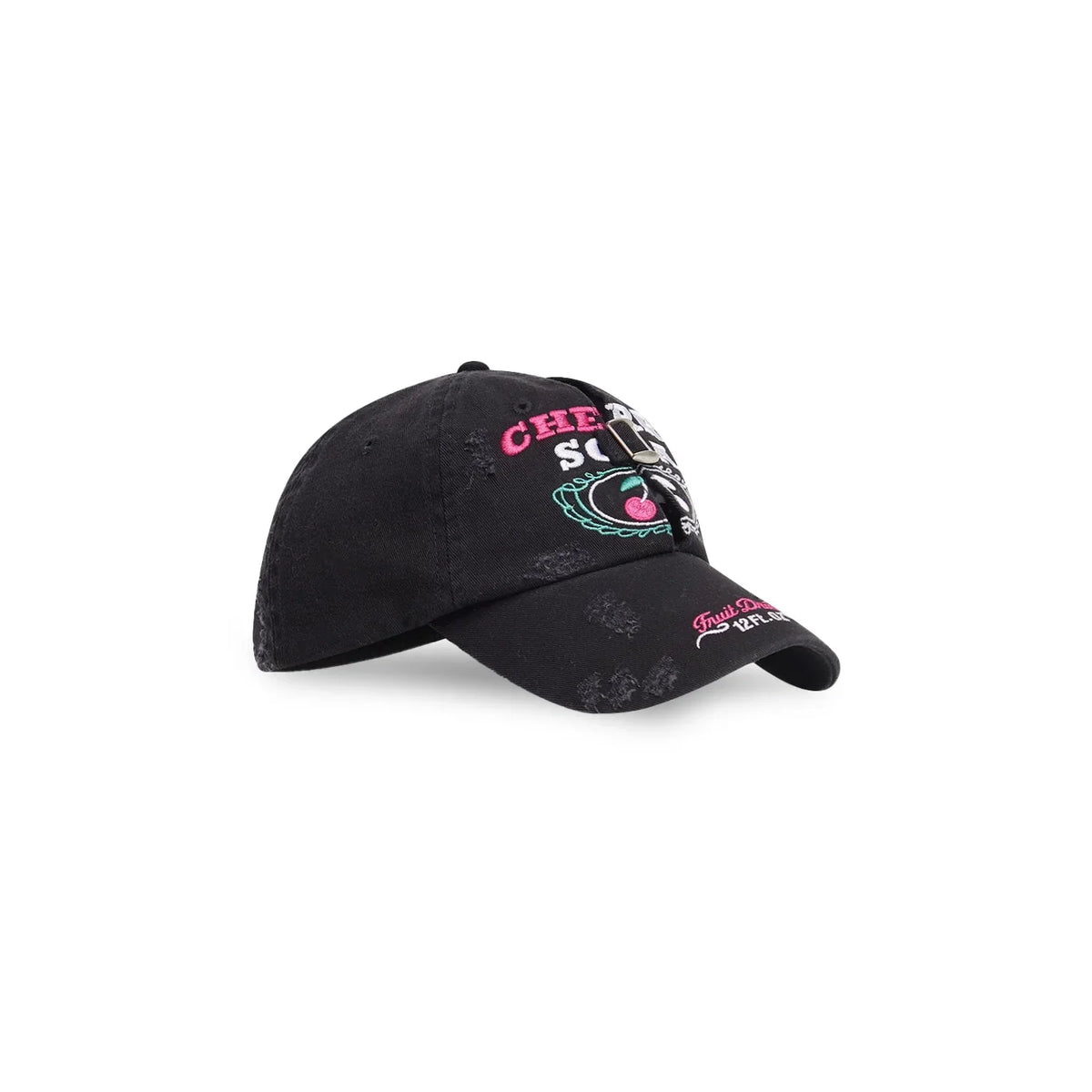 Angled view of the cherry soda embroidered cap, highlighting the pink lettering on the ripped brim and the rugged aesthetic.