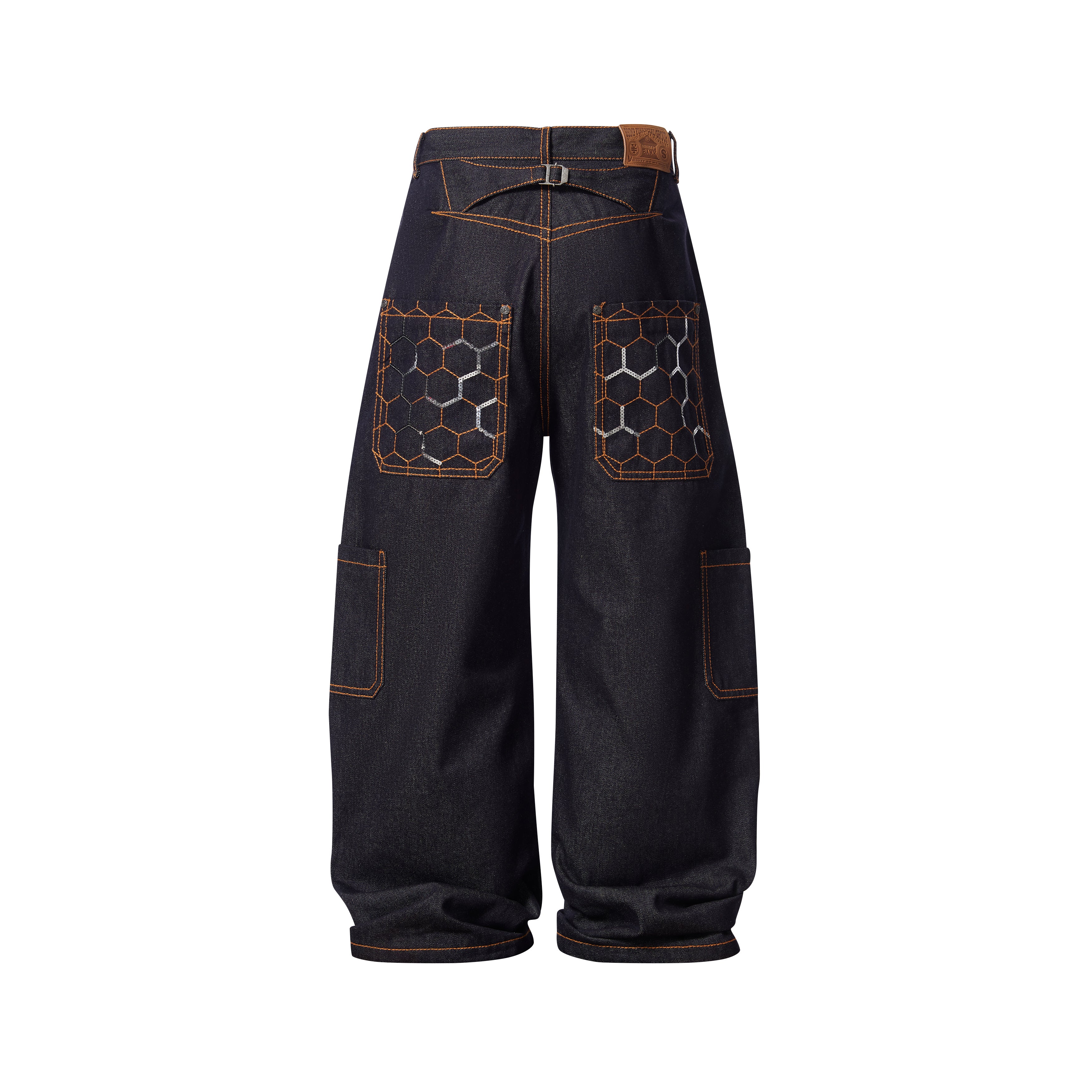 BBiMP Raw Denim Cargo Pants with Football Sequin Pattern