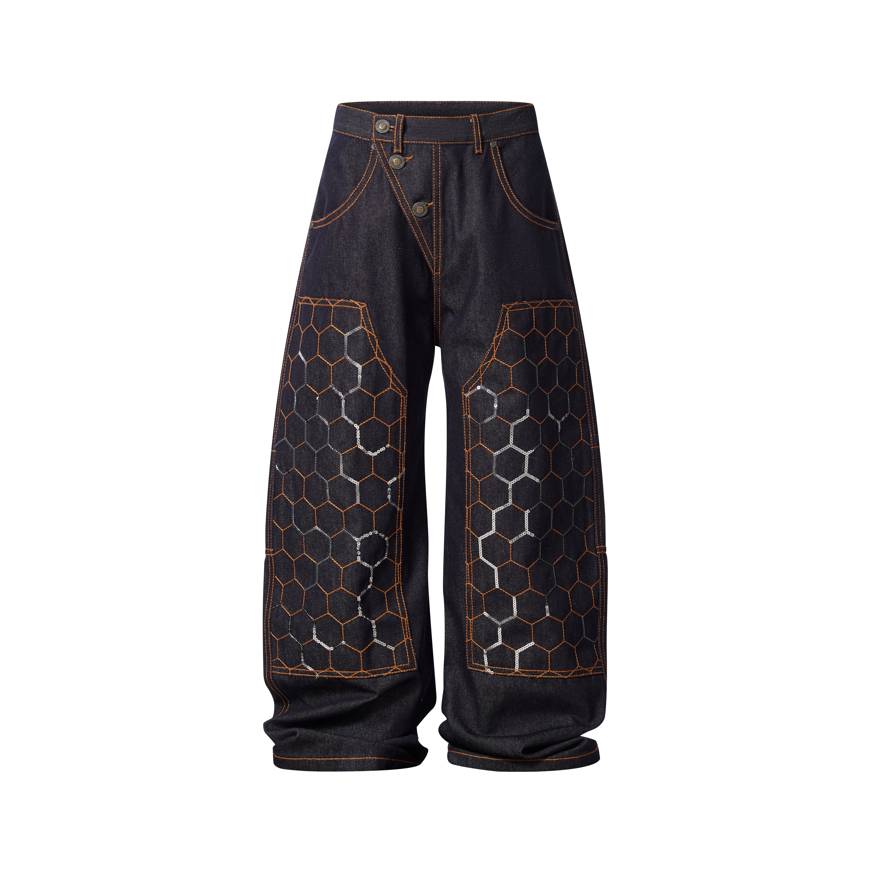 BBiMP Raw Denim Cargo Pants with Football Sequin Pattern