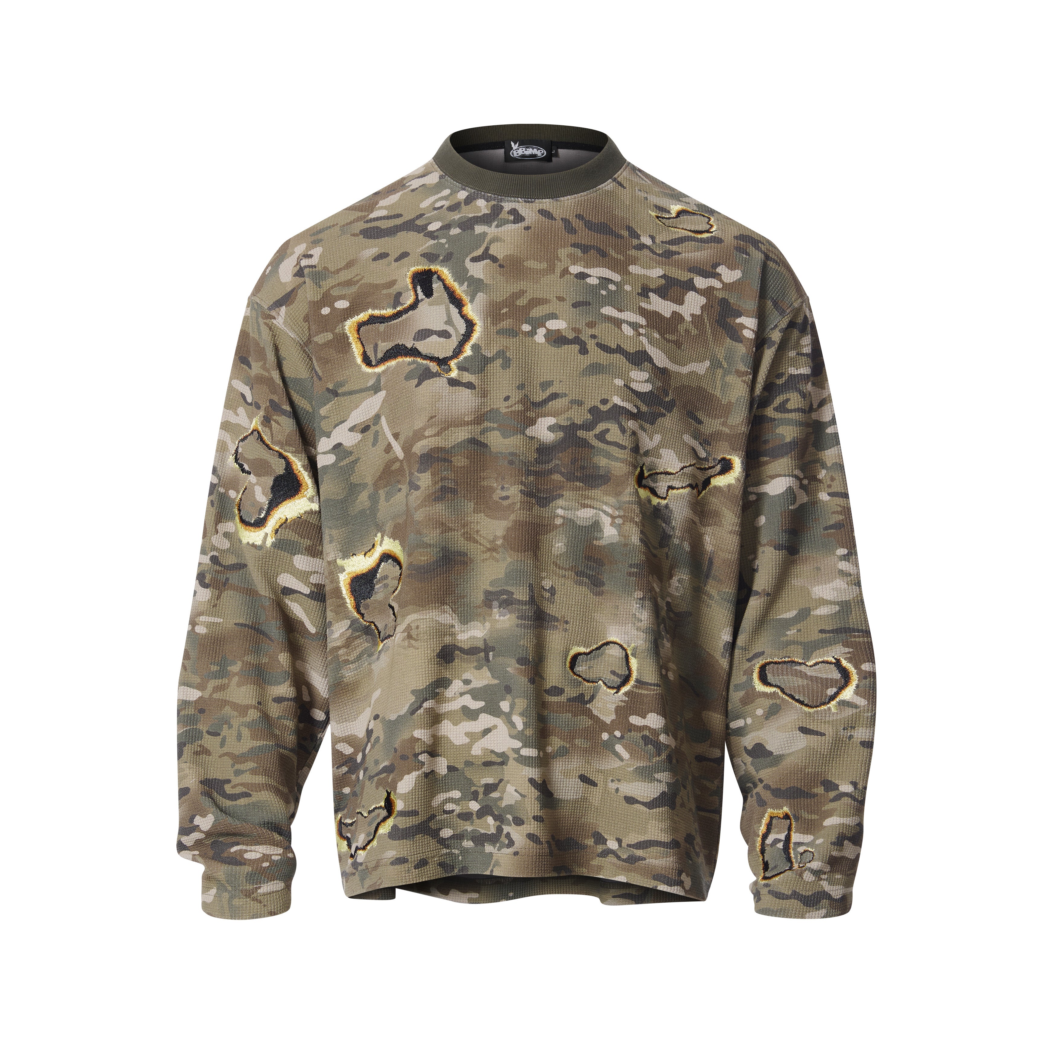 Burn Effect Camo Waffle Long Sleeve Tee