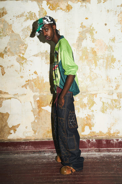 BBiMP Raw Denim Cargo Pants with Football Sequin Pattern