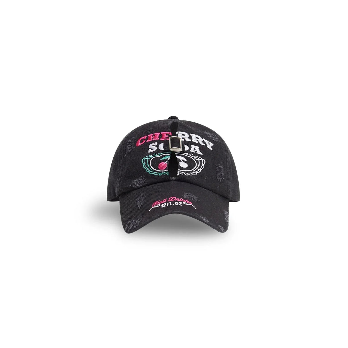 Front view of the black BBIMP cherry cap, featuring pink cherry soda embroidery, distressed edges, and unique metal pierced hardware on the center.