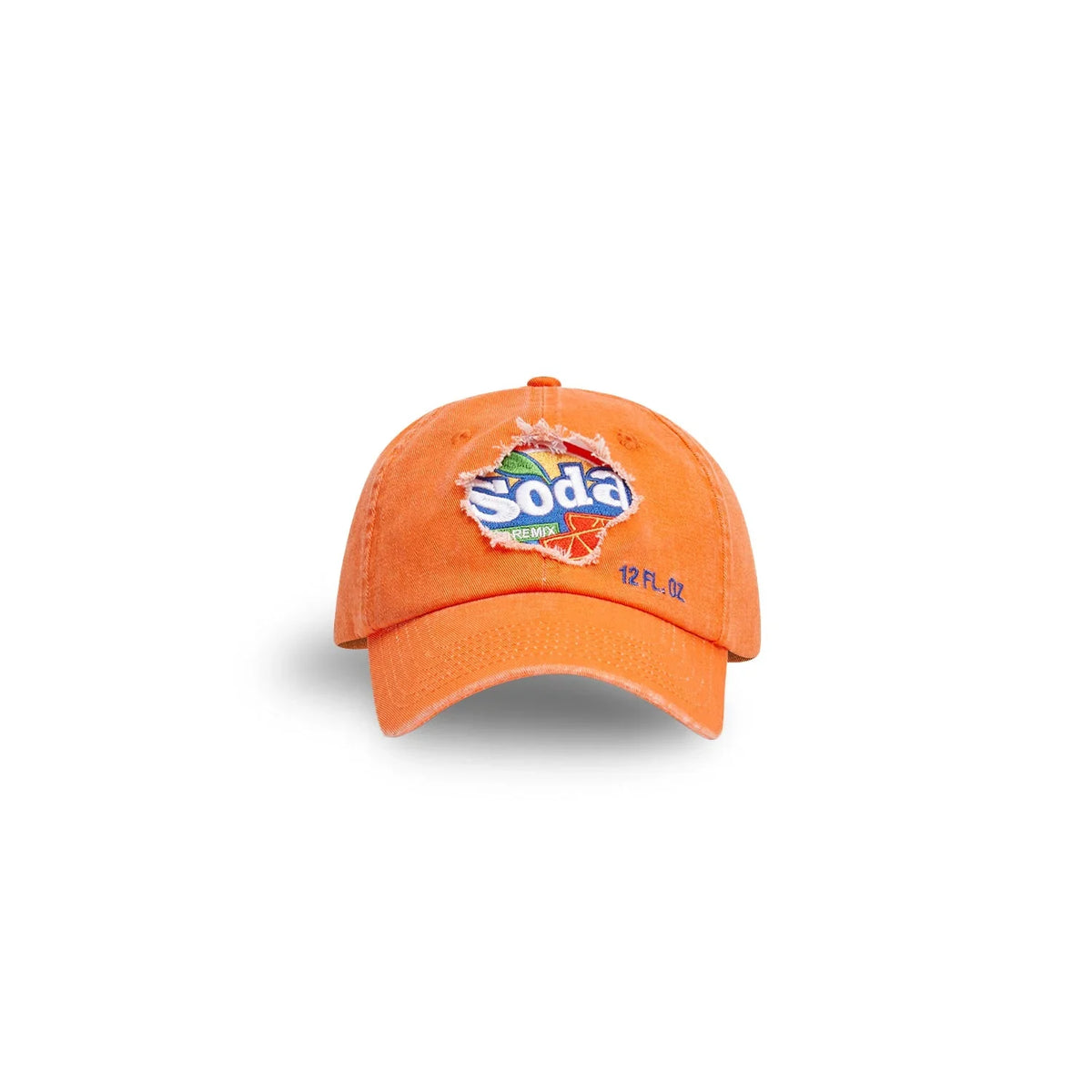 Front view of the orange BBIMP soda cap, featuring a distressed cutout revealing a vintage soda embroidered patch.