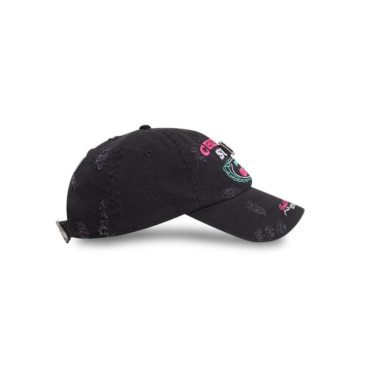 Side profile of the black distressed streetwear hat, showcasing the heavy fabric rips and vintage wash finish across the panels.